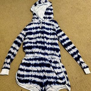 Blue tie dye style pajama romper set with hood